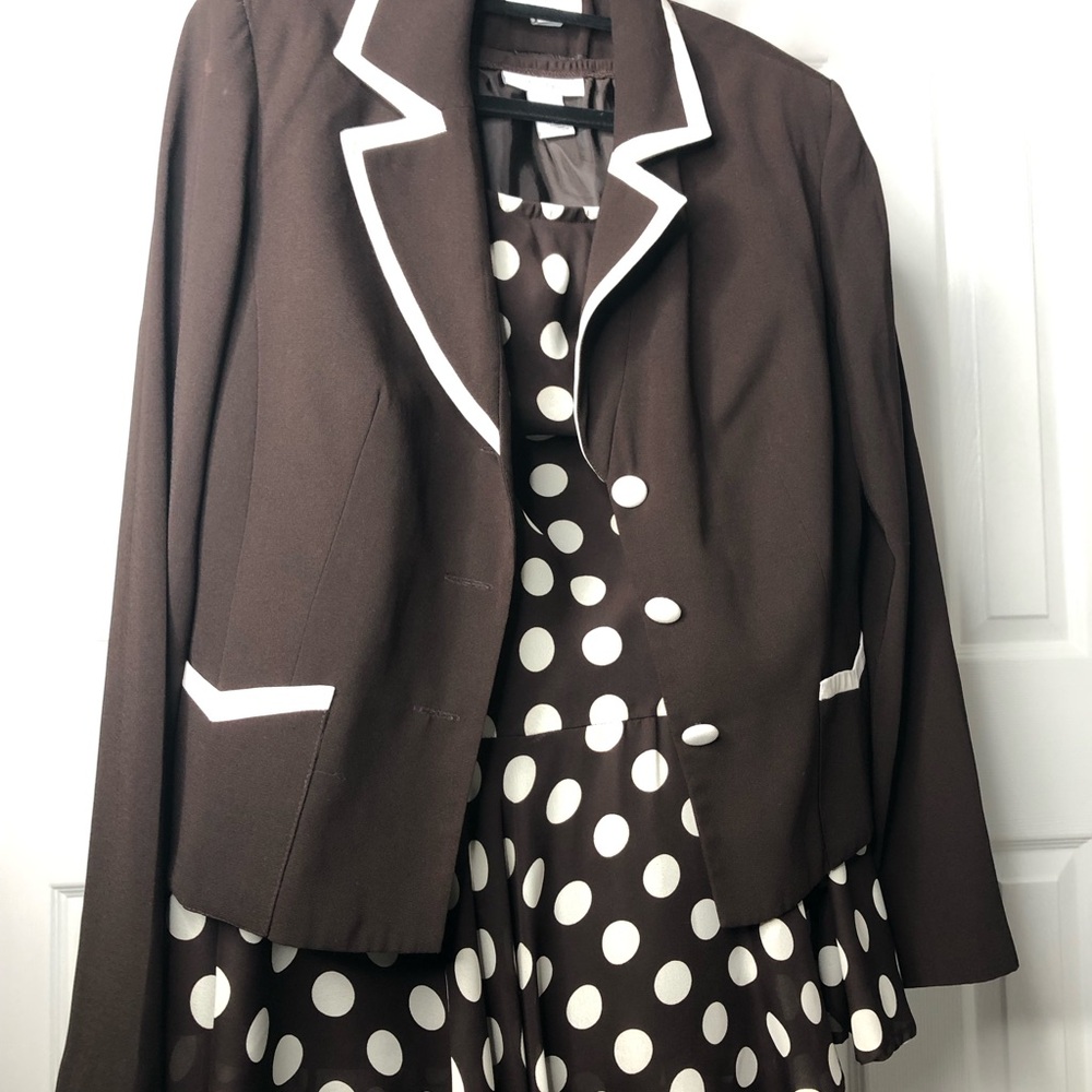 Dress Barn Brown and White Polka Dot Women's Jacket and Skirt Set, Size 12 - Picture 2 of 16